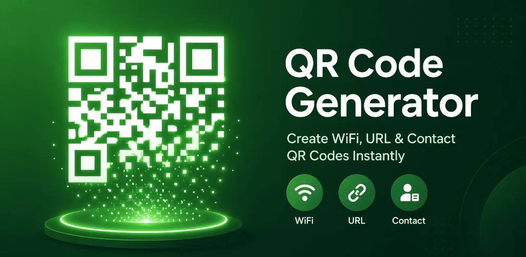QR Code Generator feature graphic showing a QR code, Wi-Fi, URL and contact creation