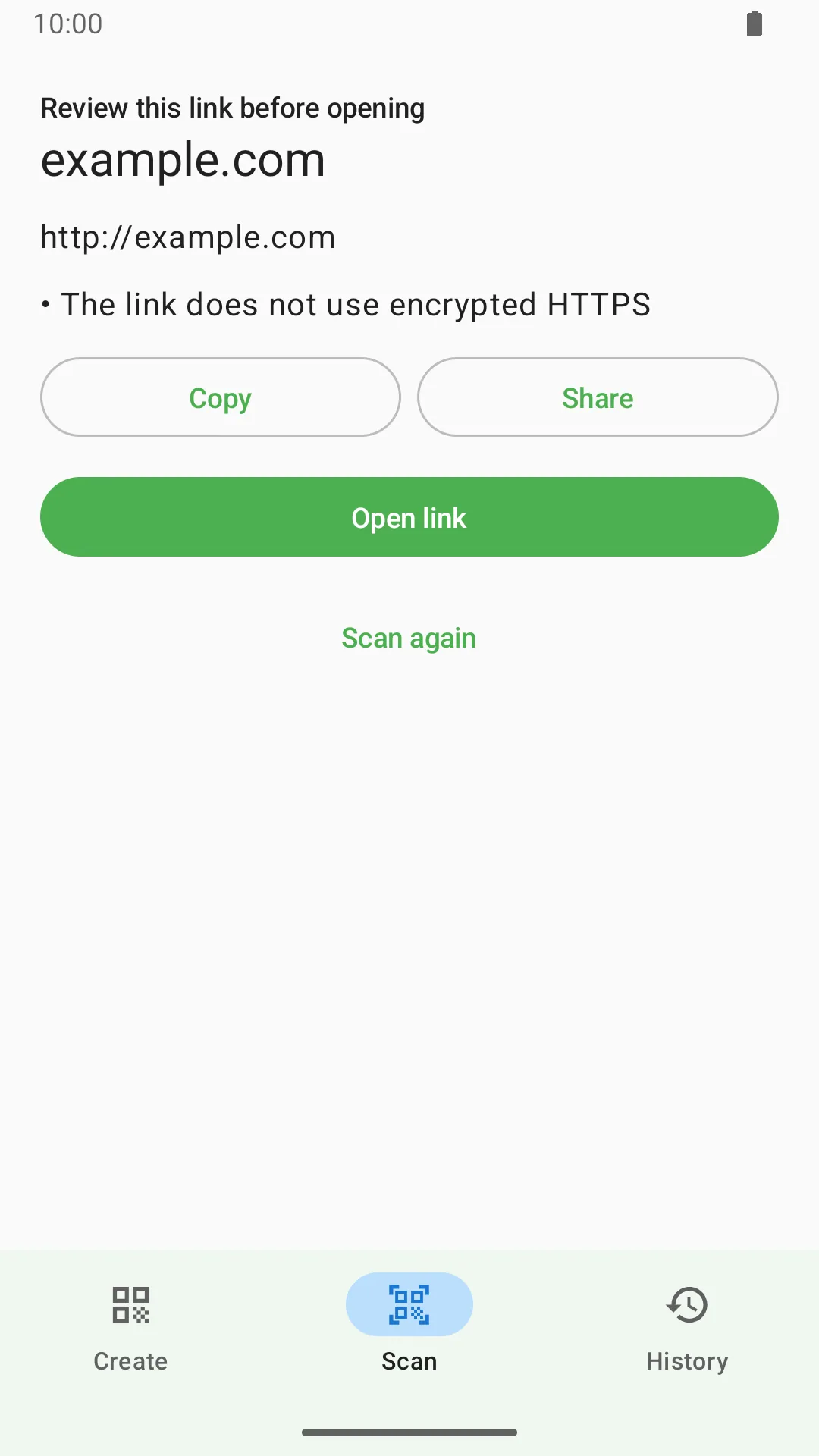 QR Creator V3.0.0 warning before opening a scanned link