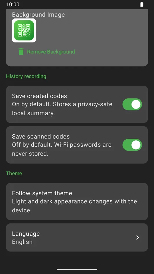 QR Code Generator - QR Creator V3.0.0 — Settings, language and local history controls